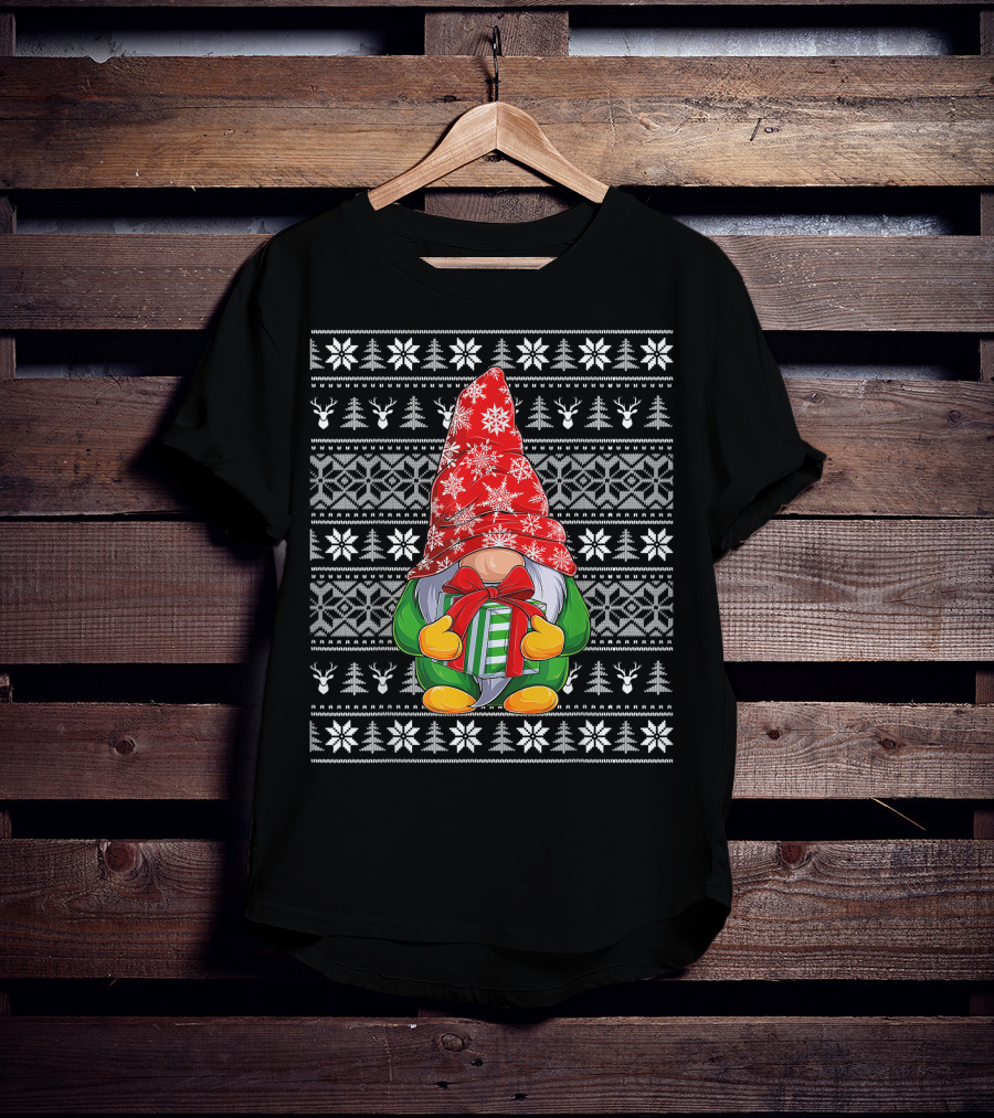 Ugly Christmas Sweater Gnome Holding Gifts With Snowflake Hat T-Shirt