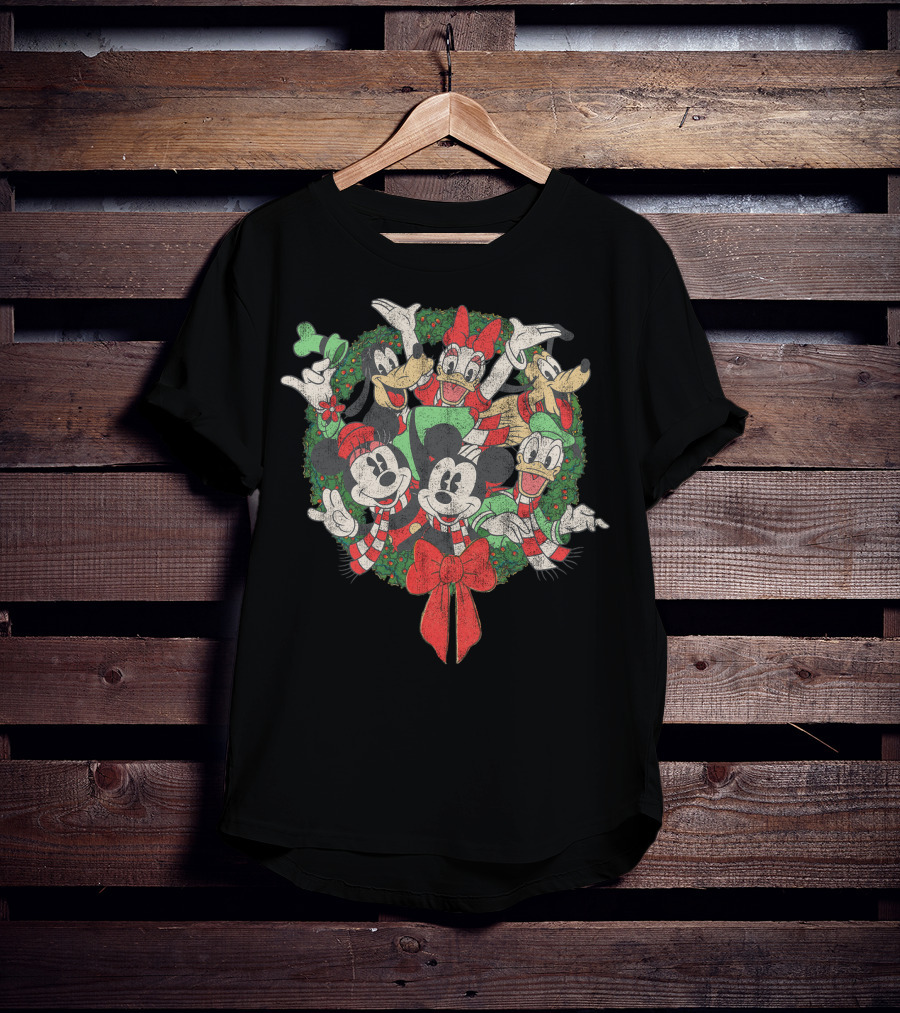 Disney Christmas Characters In Festive Wreath With Mickey, Minnie, Donald, Daisy, Goofy, Pluto T-Shirt