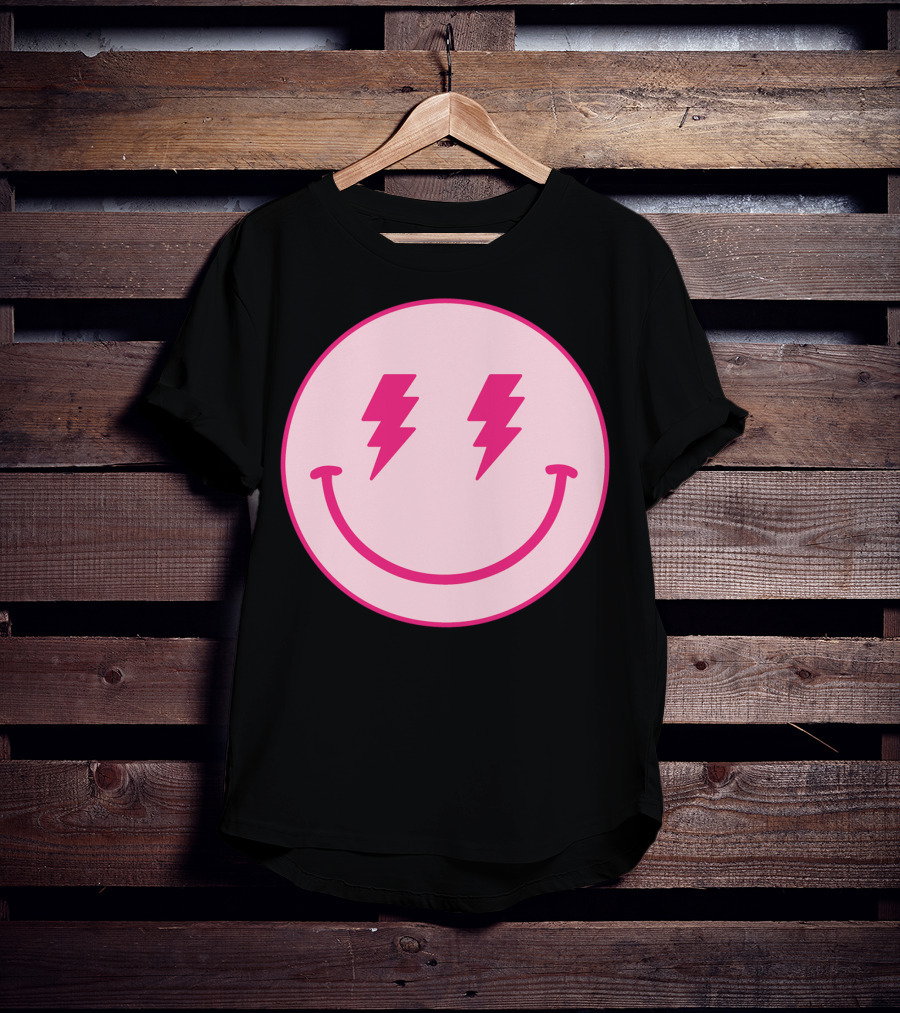 Lightning Bolt Smiley Face Pink Circle T-Shirt