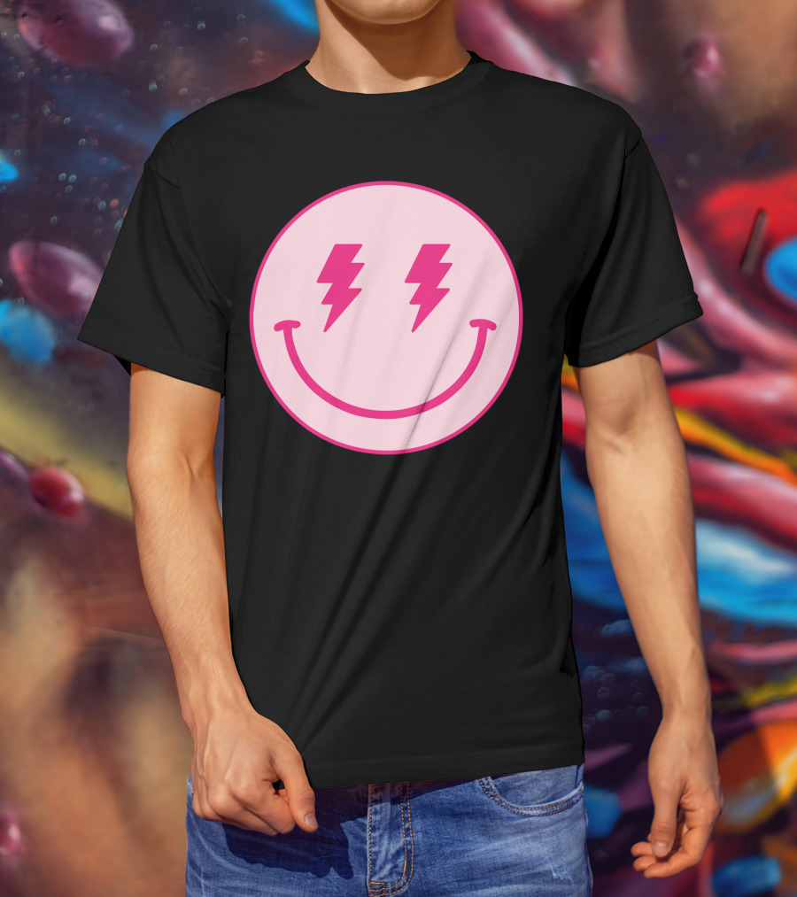 Lightning Bolt Smiley Face Pink Circle T-Shirt