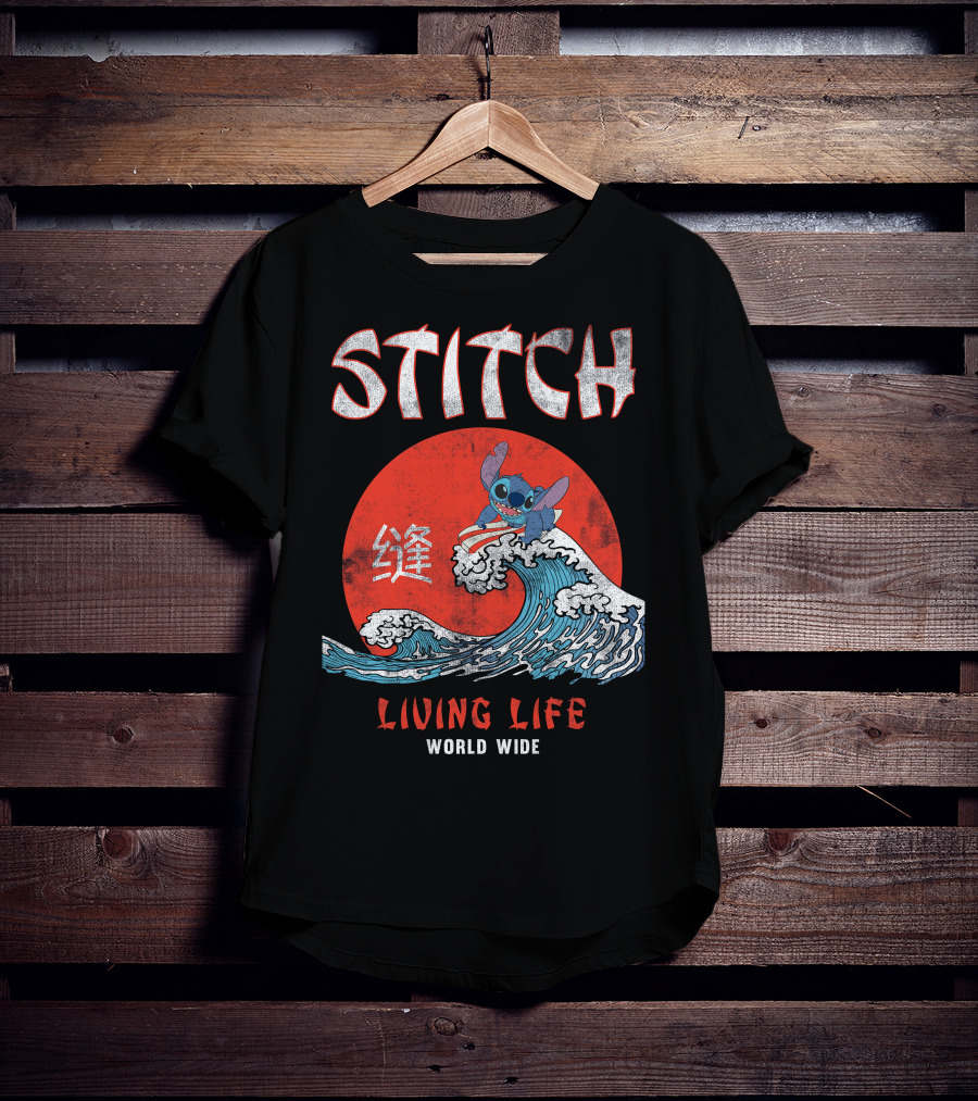 Stitch Living Life World Wide Wave Red Japanese Character T-Shirt