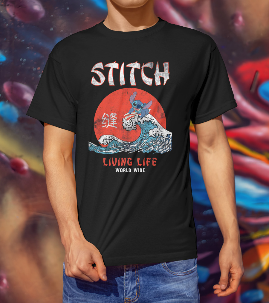 Stitch Living Life World Wide Wave Red Japanese Character T-Shirt