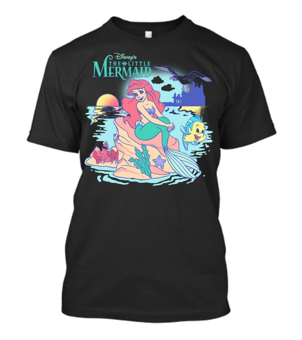 Disney's The Little Mermaid Ariel With Flounder And Sebastian By Castle At Sunset T-Shirt