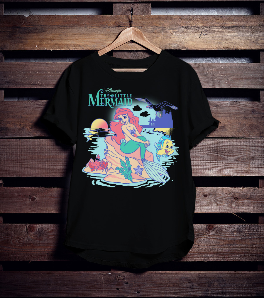Disney's The Little Mermaid Ariel With Flounder And Sebastian By Castle At Sunset T-Shirt
