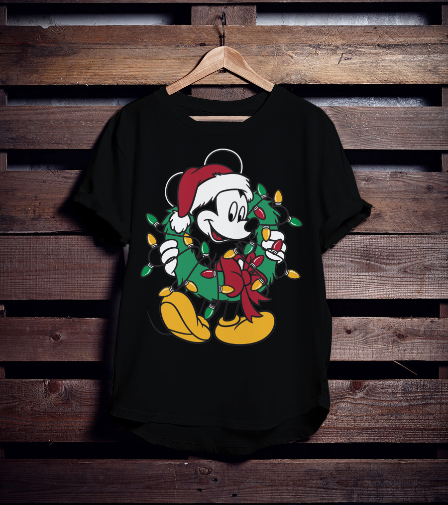 Disney Mickey Mouse Christmas Wreath Lights Santa Hat Holiday Decor T-Shirt