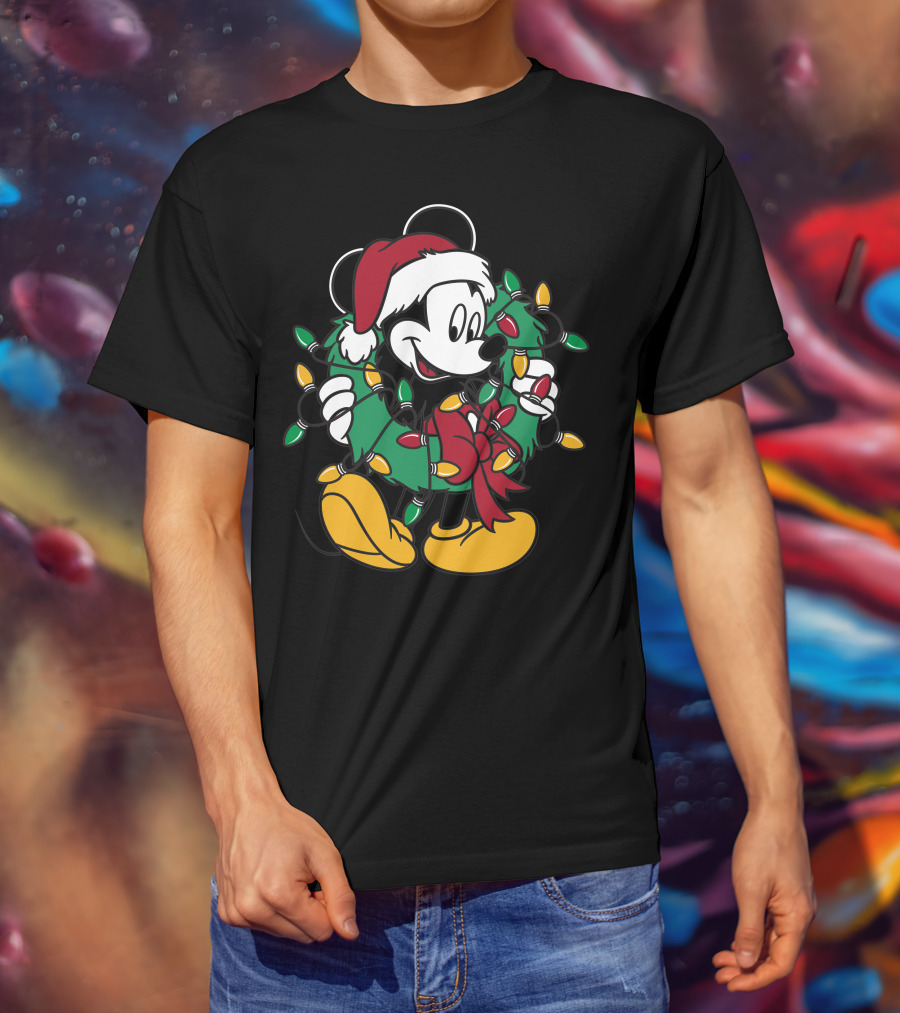 Disney Mickey Mouse Christmas Wreath Lights Santa Hat Holiday Decor T-Shirt