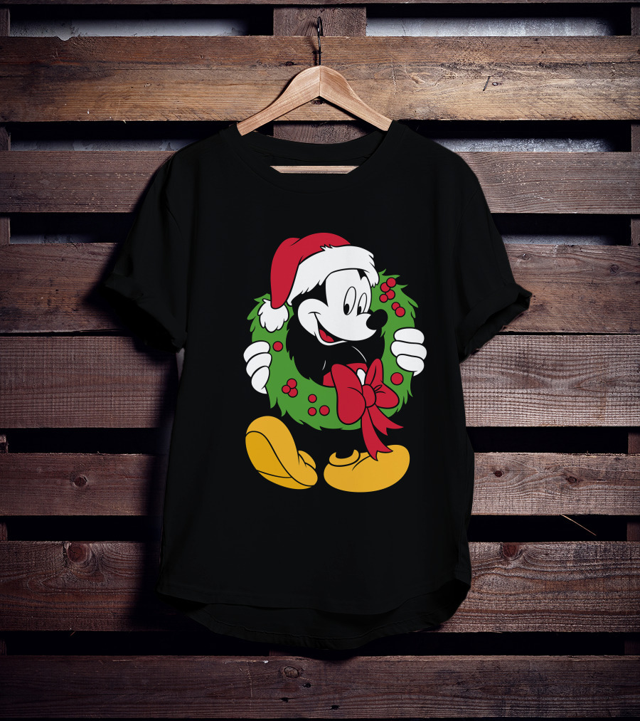 Disney Mickey Mouse Christmas Santa Hat Wreath Bow T-Shirt