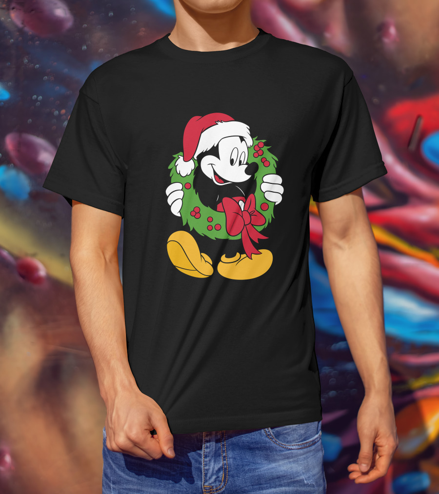 Disney Mickey Mouse Christmas Santa Hat Wreath Bow T-Shirt