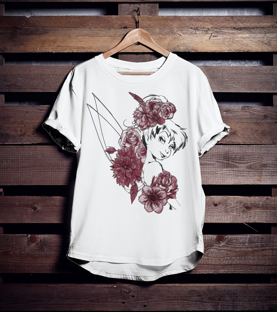Disney Peter Pan Tinkerbell Red Floral Outline T-Shirt