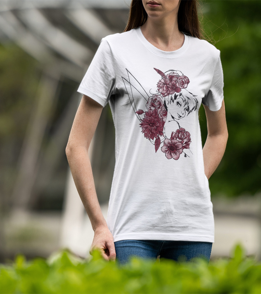 Disney Peter Pan Tinkerbell Red Floral Outline T-Shirt