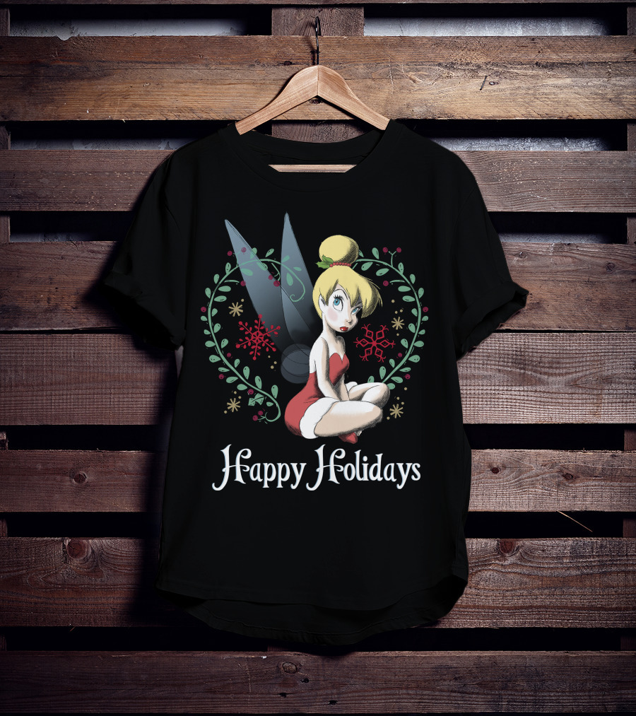 Disney Peter Pan Tinkerbell Happy Holidays Christmas Snowflakes T-Shirt