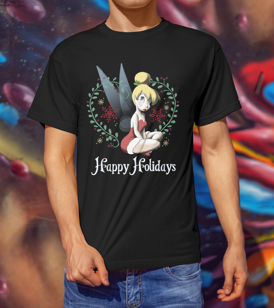 Disney Peter Pan Tinkerbell Happy Holidays Christmas Snowflakes T-Shirt
