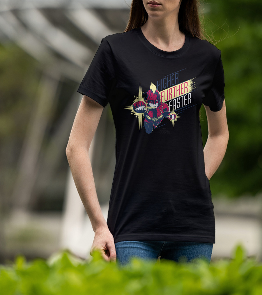Captain Marvel Higher Further Faster Bold Heroic Charge T-Shirt