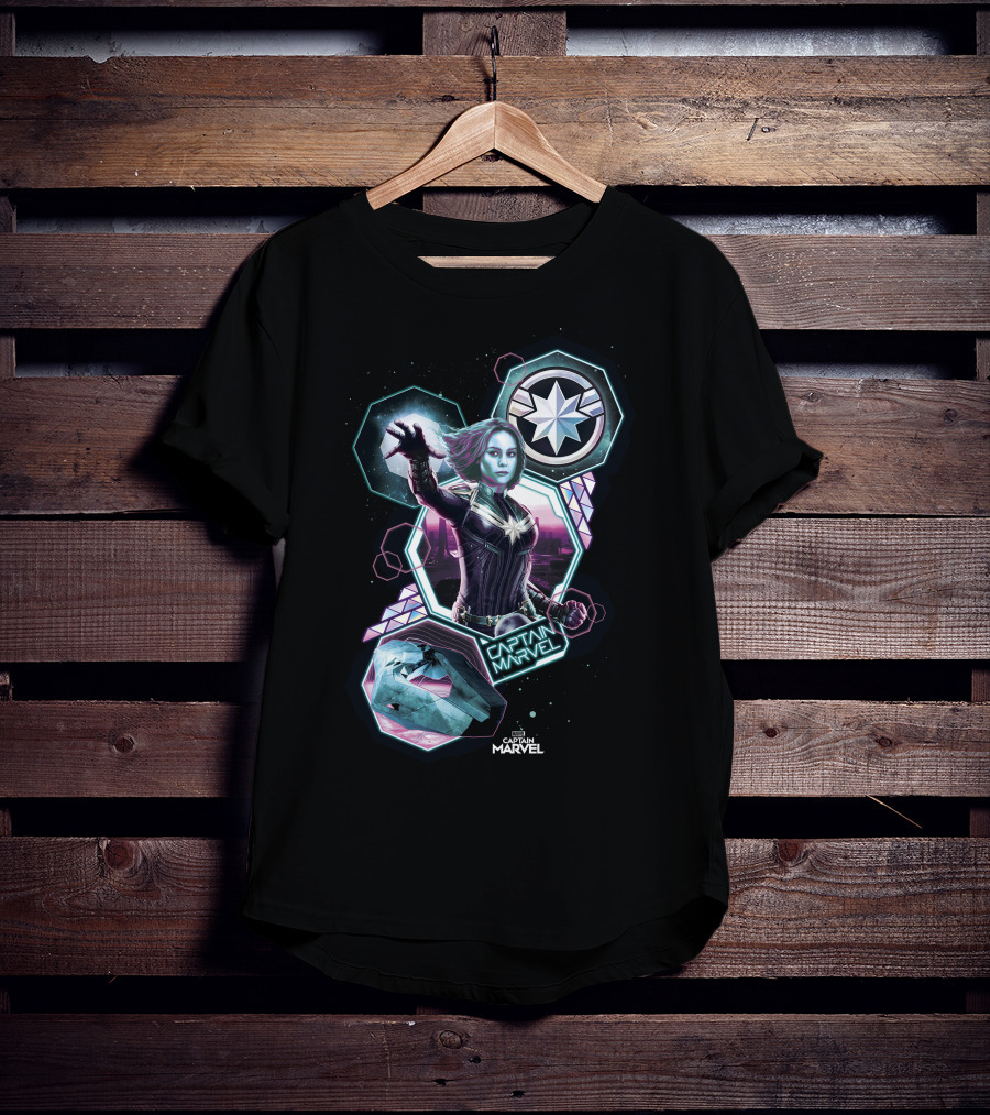 Captain Marvel Cosmic Starburst And Hexagonal Elements T-Shirt