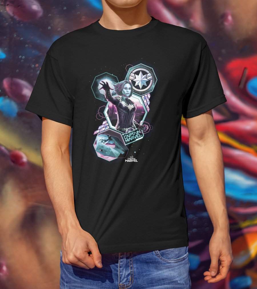 Captain Marvel Cosmic Starburst And Hexagonal Elements T-Shirt