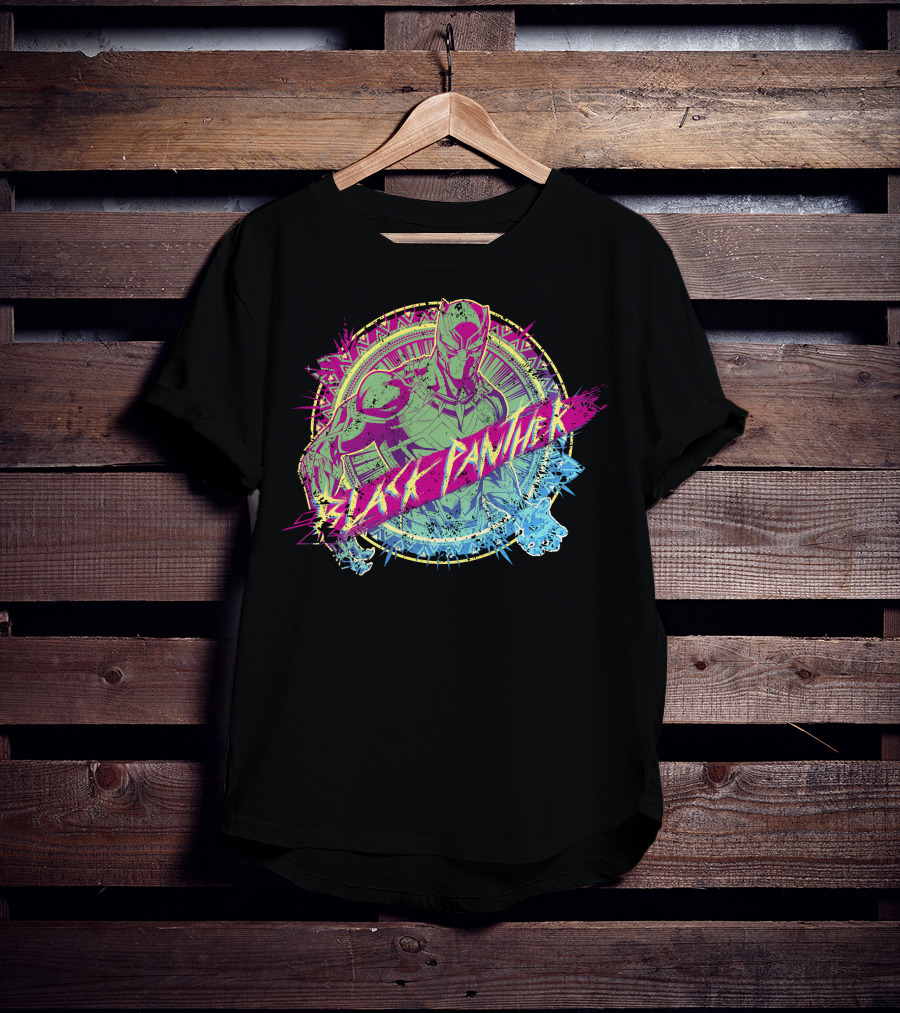 Black Panther Neon Paint Splatter Marvel Text T-Shirt
