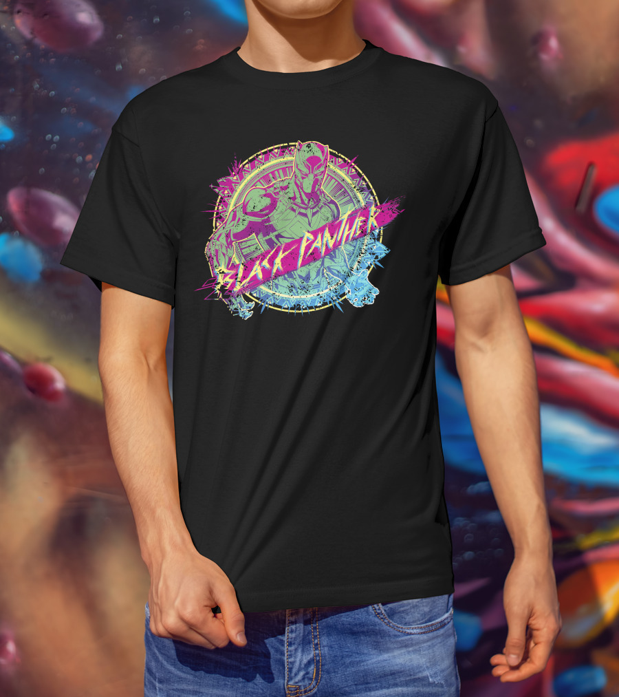 Black Panther Neon Paint Splatter Marvel Text T-Shirt