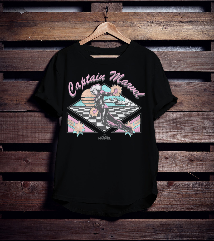 Captain Marvel Retro Checkered Pastel Sunset Superhero Flight T-Shirt
