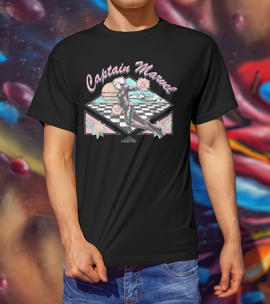 Captain Marvel Retro Checkered Pastel Sunset Superhero Flight T-Shirt