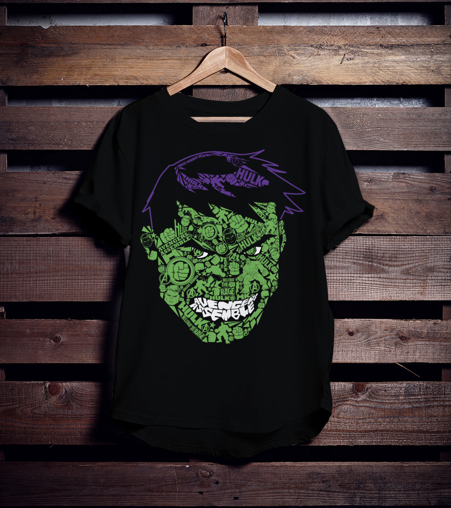Avengers Assemble Hulk Rage Face With Smash Symbol And Purple Hair Elements T-Shirt