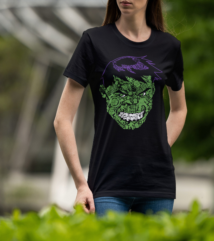 Avengers Assemble Hulk Rage Face With Smash Symbol And Purple Hair Elements T-Shirt