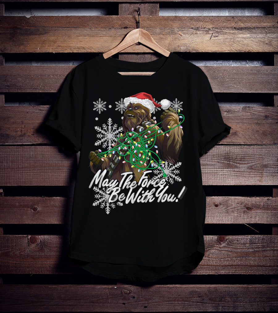 May The Force Be With You Chewbacca Santa Hat Tangled Lights Snowflakes T-Shirt