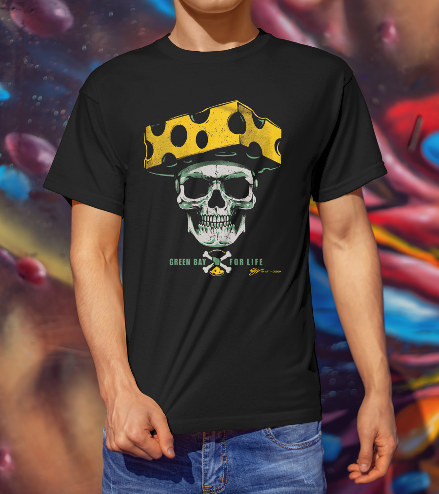 Green Bay For Life Skull Cheesehead T-Shirt