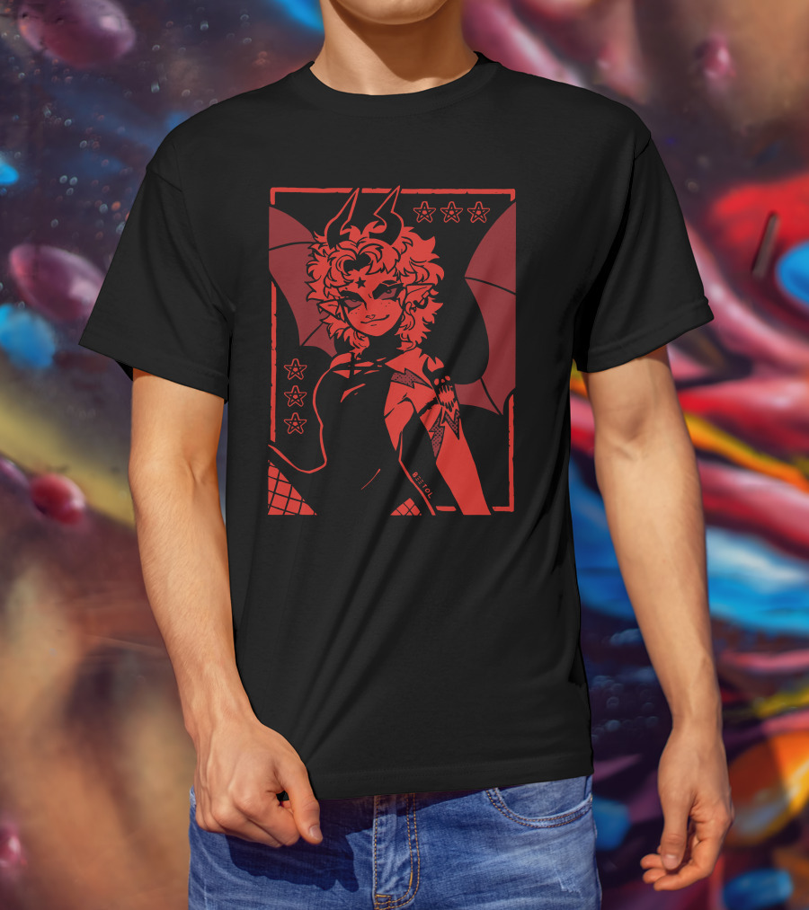 He's Satanic Red Devil Horned Figure With Bat Wings And Stars By Bitol T-Shirt