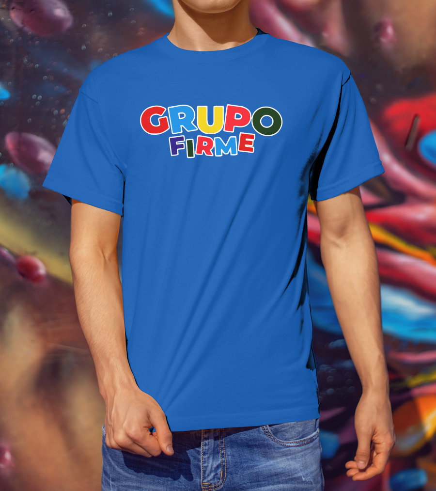 GRUPO FIRME Merch Bold Colorful Text On Blue T-Shirt