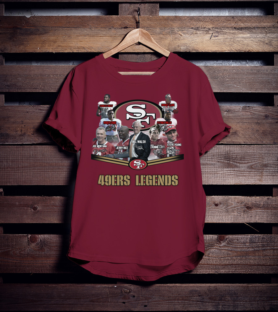 49ers Legends Joe Montana Jerry Rice Ronnie Lott Steve Young Charles Haley Roger Craig Dwight Clark Patrick Willis Bill Walsh T-Shirt