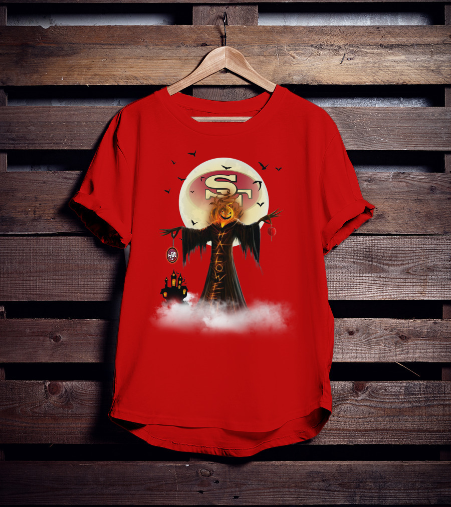 Halloween Scarecrow With Sf Logo And Haunted Castle T-Shirt