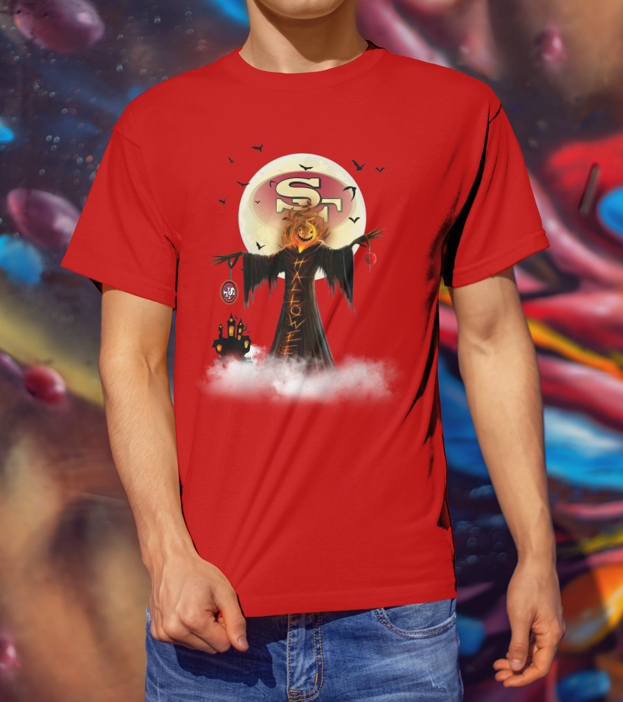 Halloween Scarecrow With Sf Logo And Haunted Castle T-Shirt