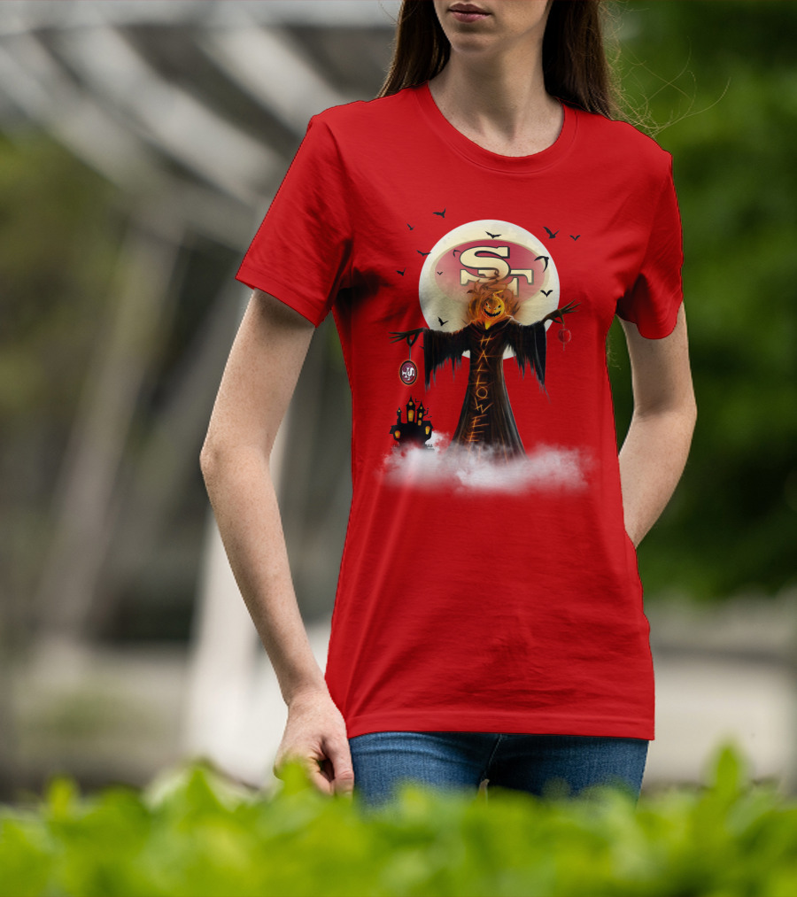 Halloween Scarecrow With Sf Logo And Haunted Castle T-Shirt