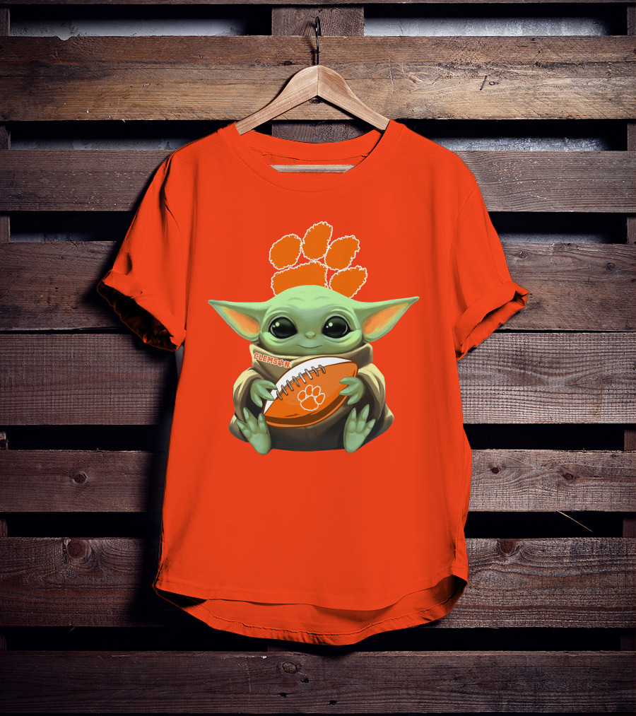 Clemson Orange Paw Baby Yoda Football T-Shirt
