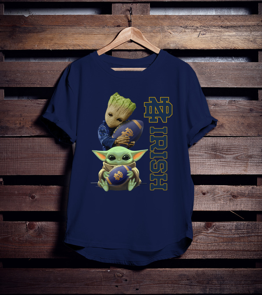 Notre Dame Irish Baby Groot And Baby Yoda Football T-Shirt