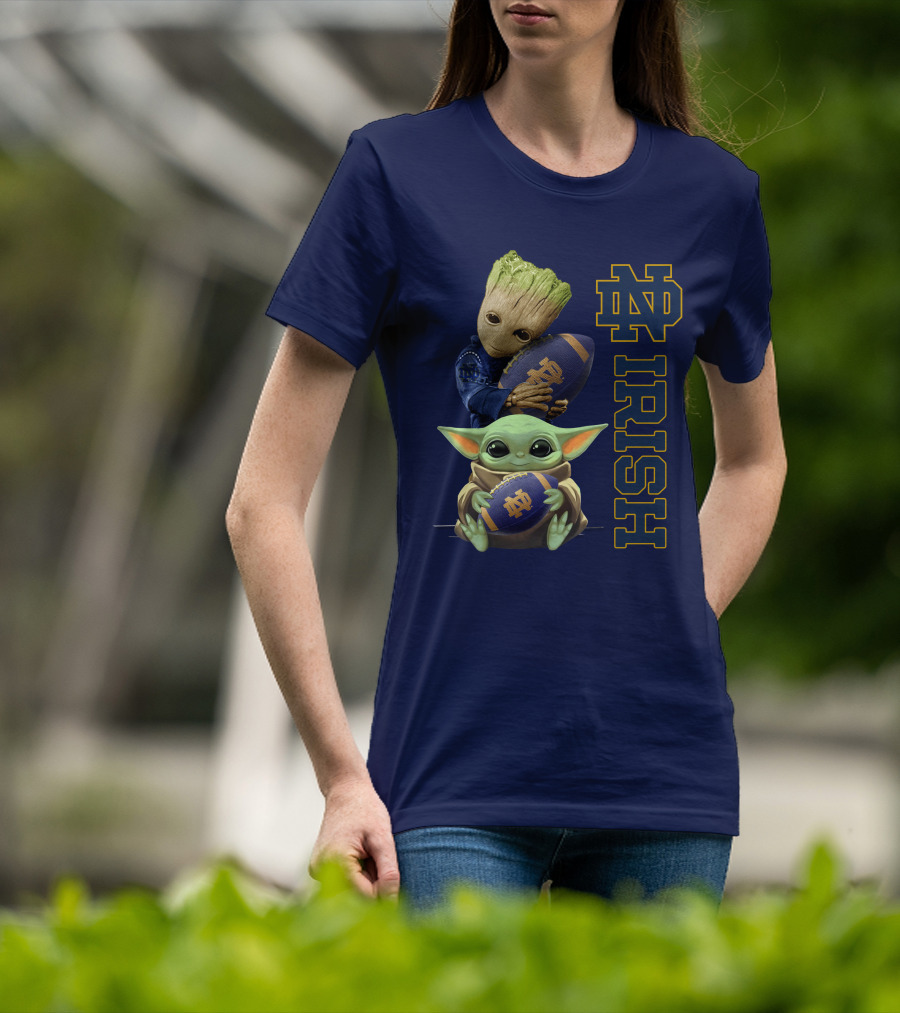 Notre Dame Irish Baby Groot And Baby Yoda Football T-Shirt