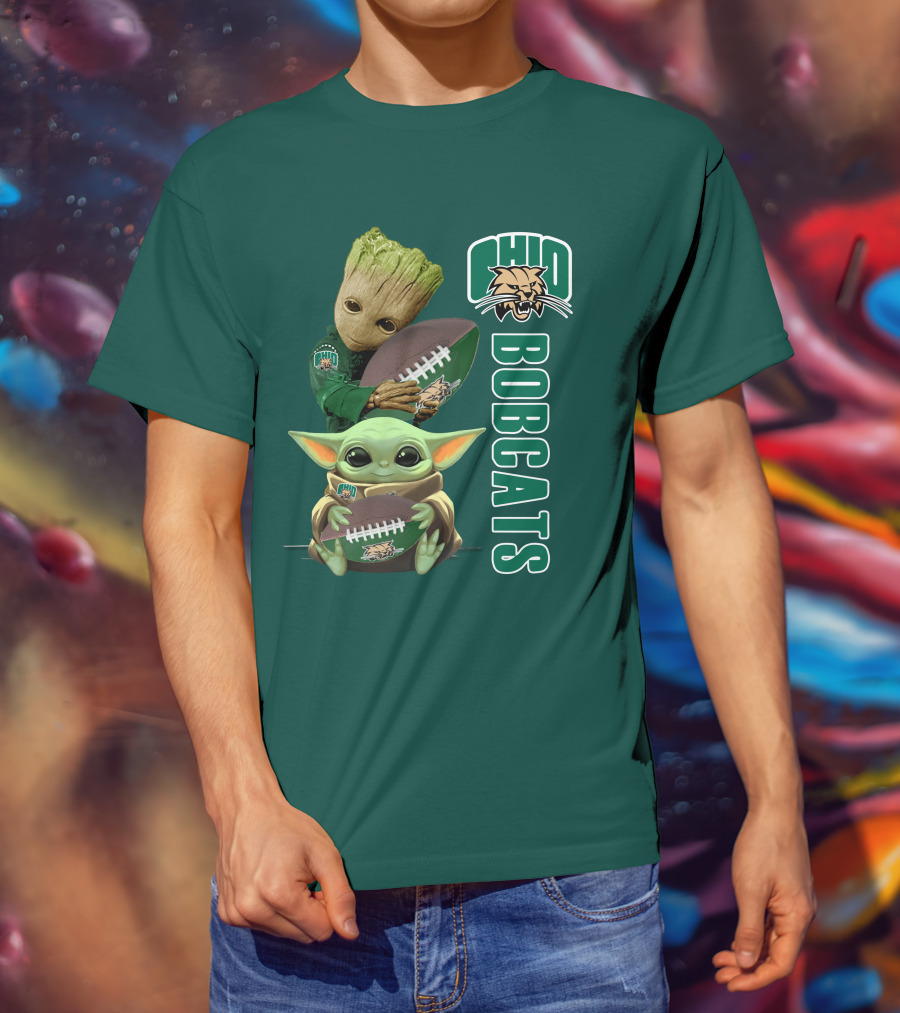 Ohio Bobcats Grogu And Groot Football T-Shirt