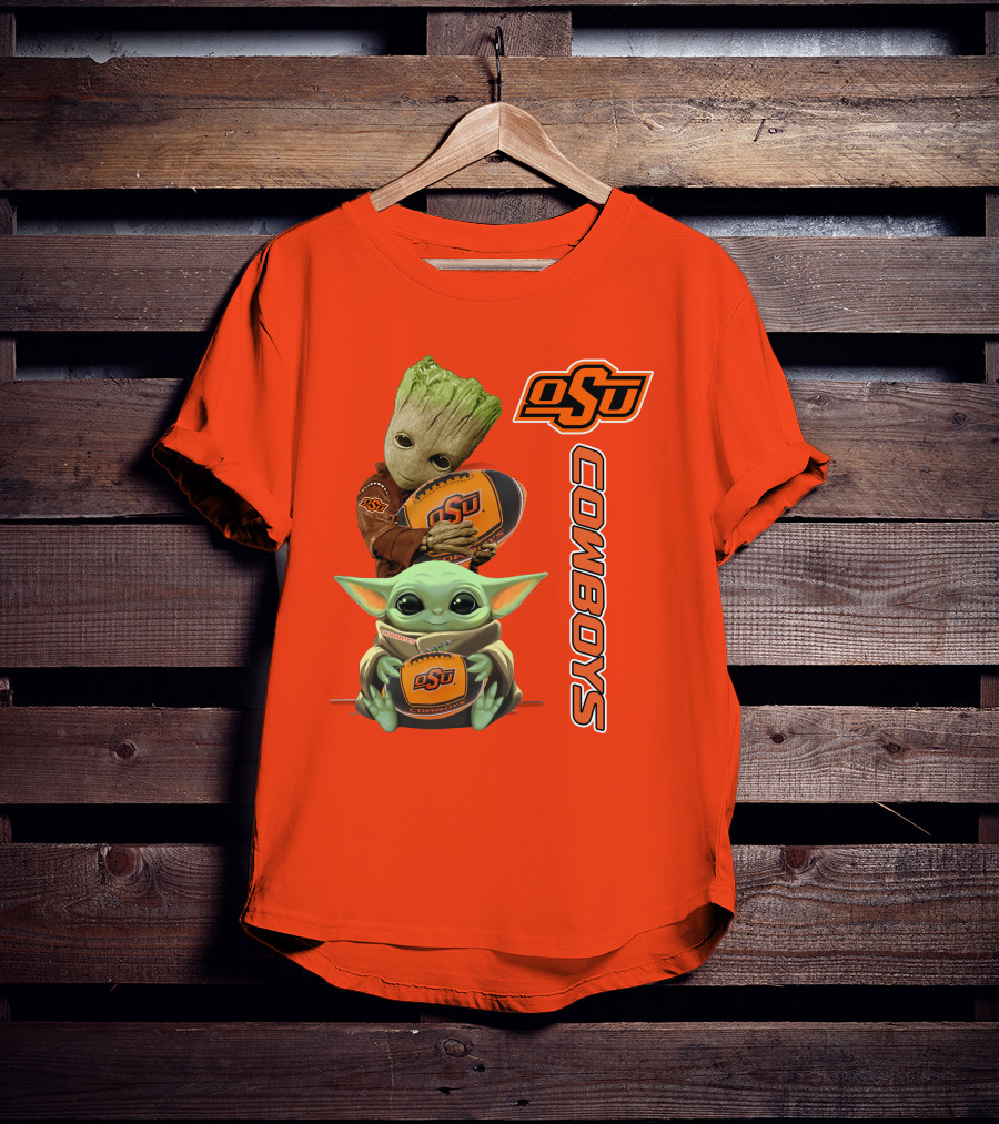 Osu Cowboys Groot And Baby Yoda Hugging Football T-Shirt