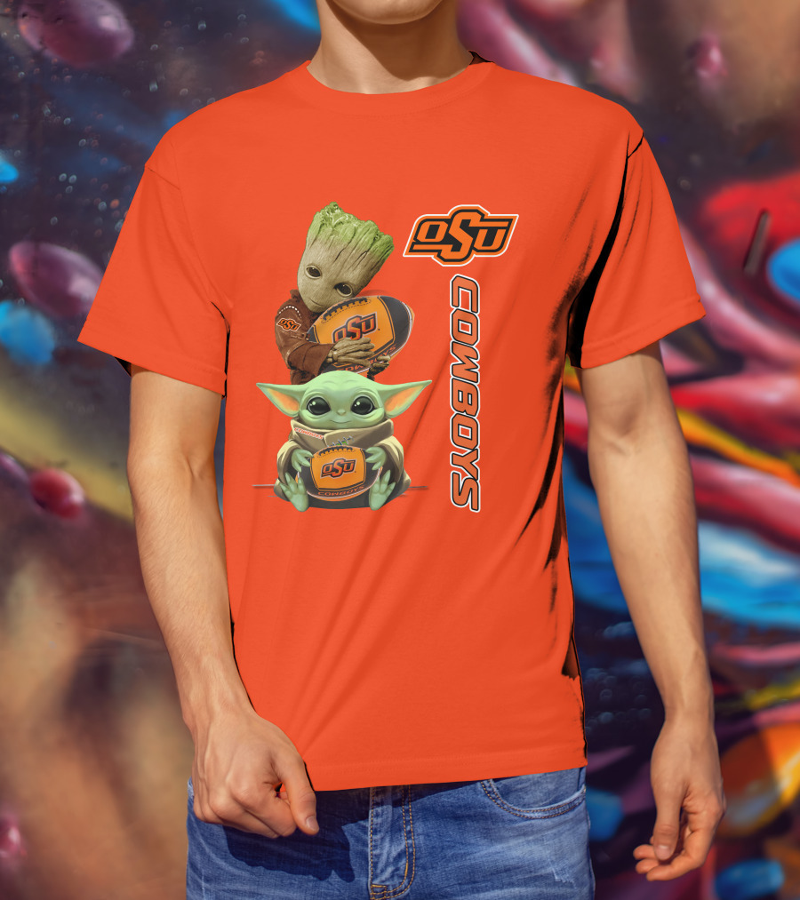 Osu Cowboys Groot And Baby Yoda Hugging Football T-Shirt