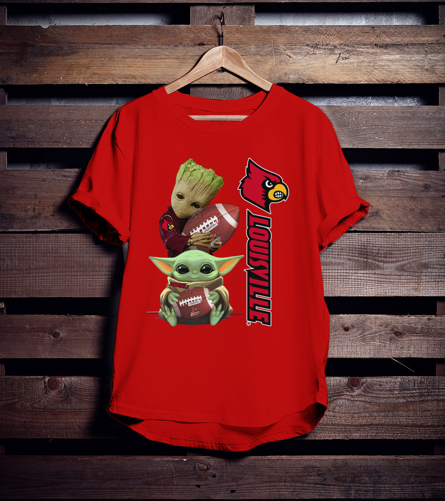 Groot Baby Yoda Holding Football Louisville Cardinals T-Shirt