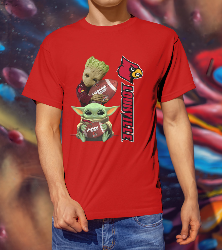 Groot Baby Yoda Holding Football Louisville Cardinals T-Shirt