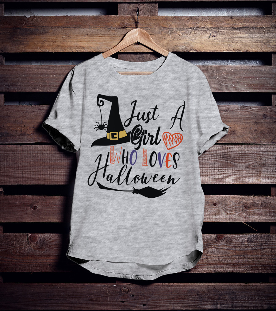 Just A Girl Who Loves Halloween Witch Hat And Broom With Spider And Heart T-Shirt