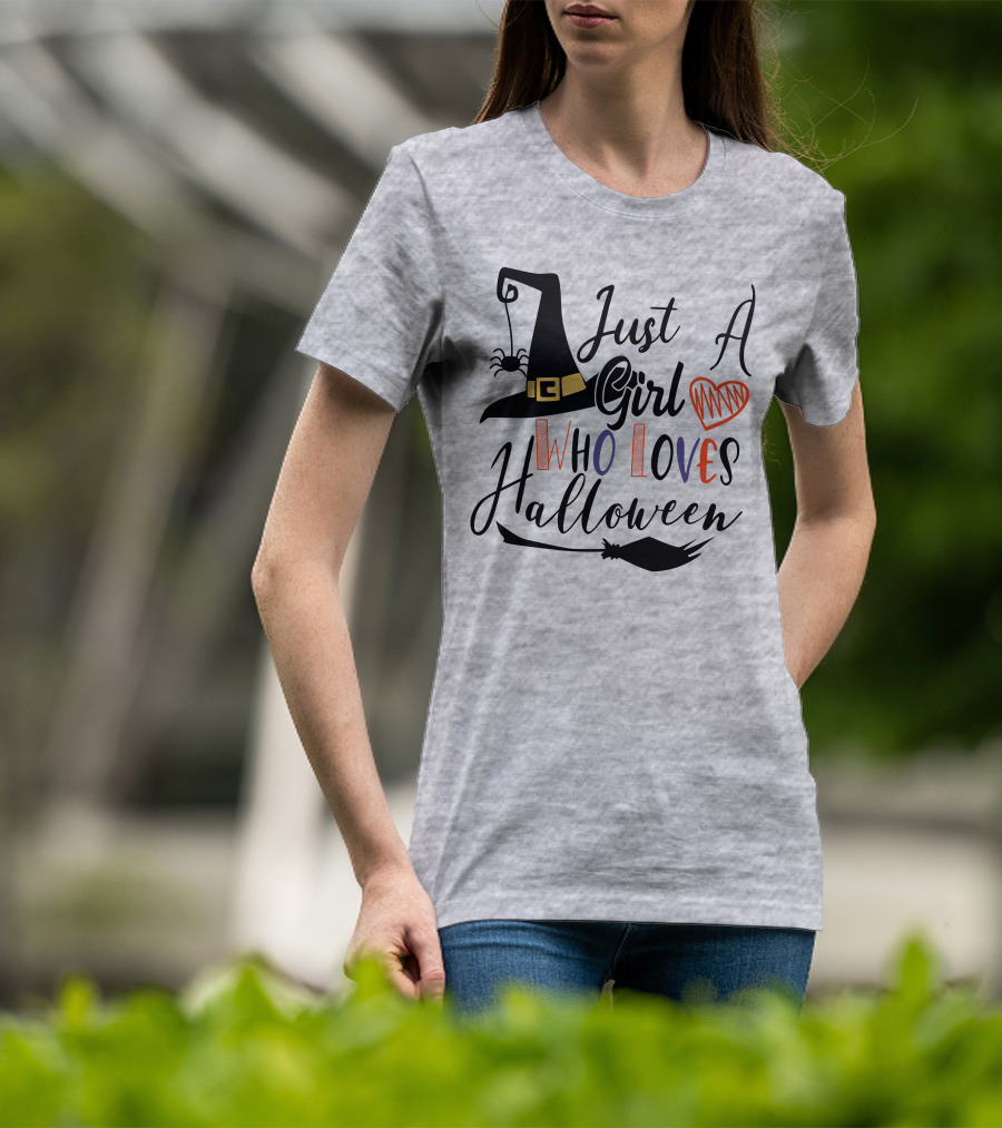 Just A Girl Who Loves Halloween Witch Hat And Broom With Spider And Heart T-Shirt