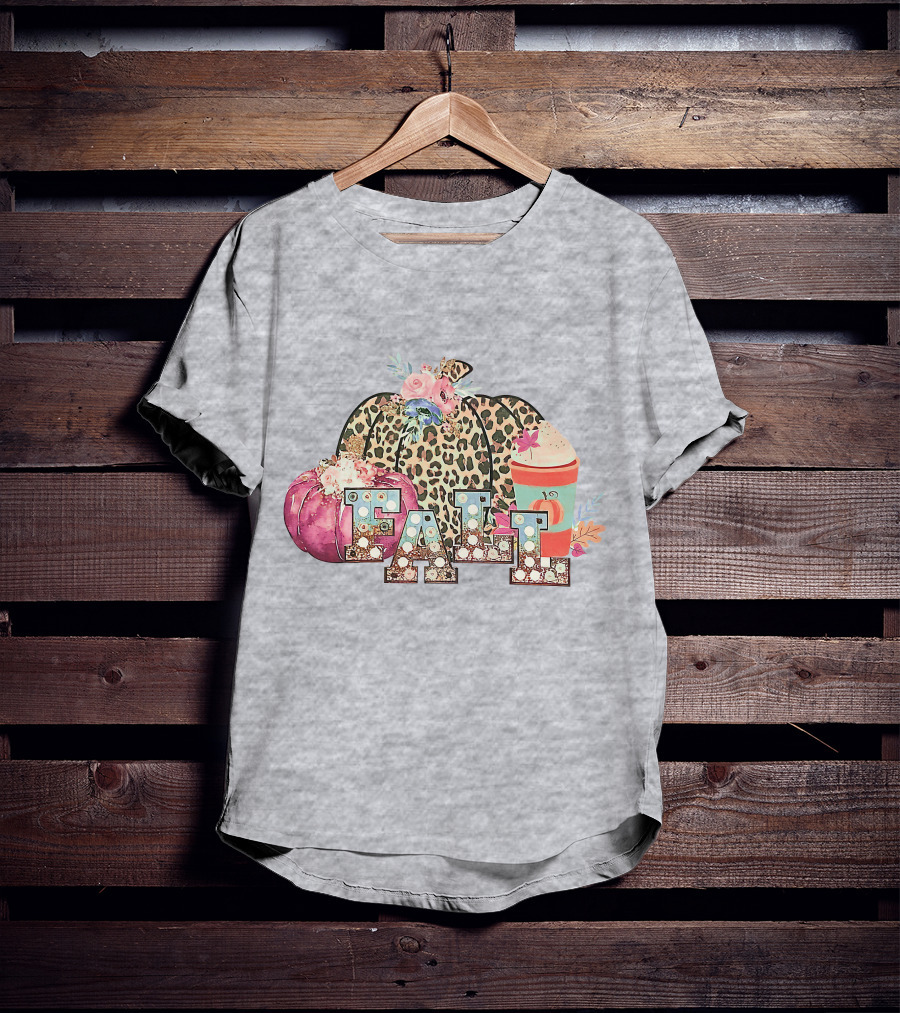 FALL Leopard Print Pumpkin With Coffee Latte And Flowers T-Shirt