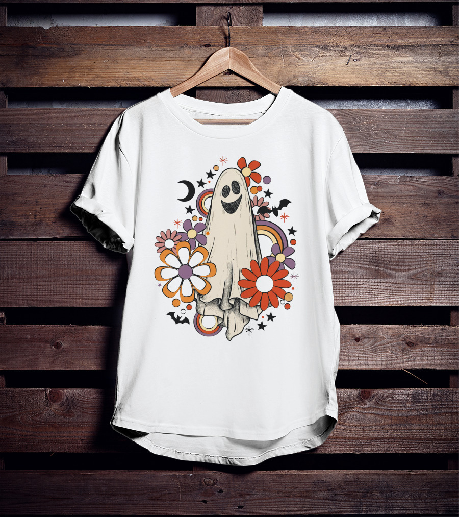 Retro Halloween Ghost With Flowers And Bats T-Shirt