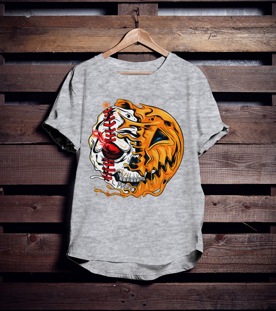 Baseball Pumpkin Skull Halloween Fusion T-Shirt