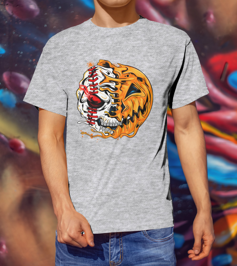 Baseball Pumpkin Skull Halloween Fusion T-Shirt