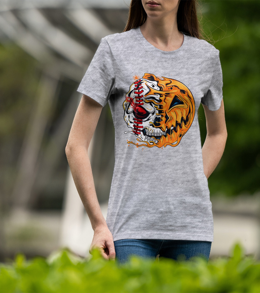 Baseball Pumpkin Skull Halloween Fusion T-Shirt