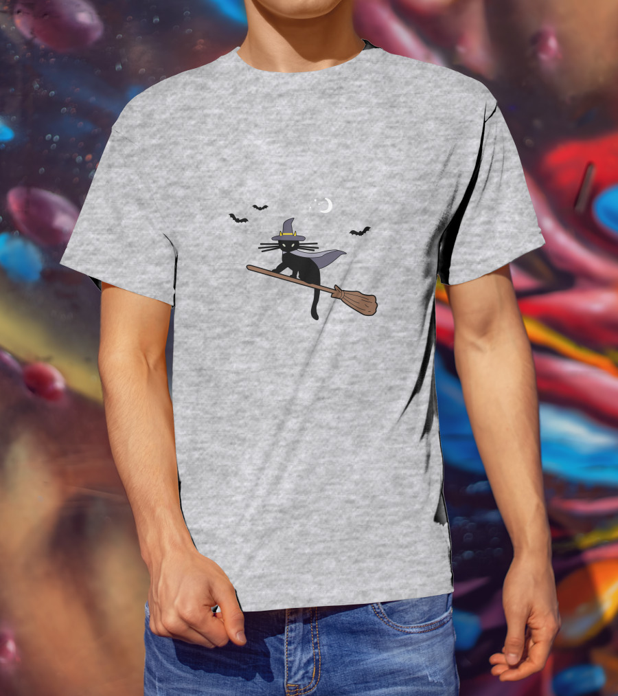 Black Cat Halloween Hocus Pocus Magic Broomstick Bat Lover T-Shirt