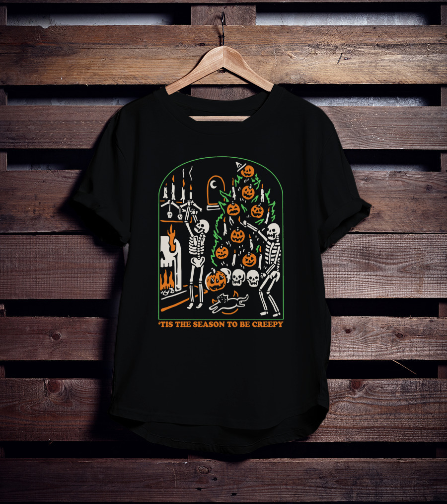 'Tis The Season To Be Creepy Skeletons By The Halloween Fireplace With Skull And Pumpkin Tree T-Shirt
